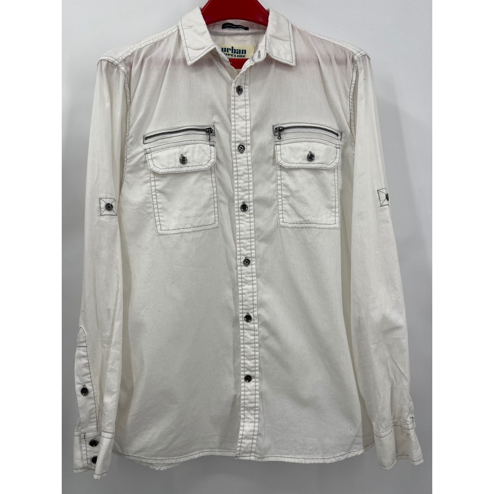Urban Pipeline M White Utility Button Down Shirt Tab Roll Long Sleeve Cotton